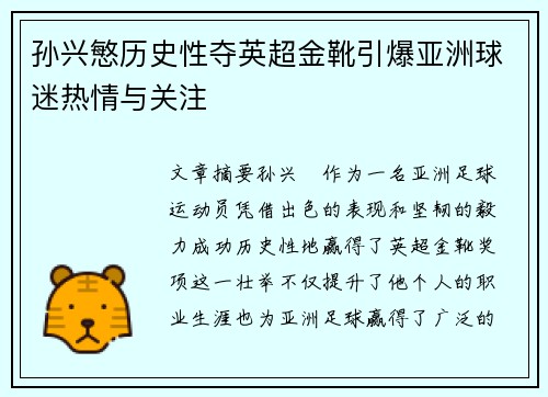 孙兴慜历史性夺英超金靴引爆亚洲球迷热情与关注